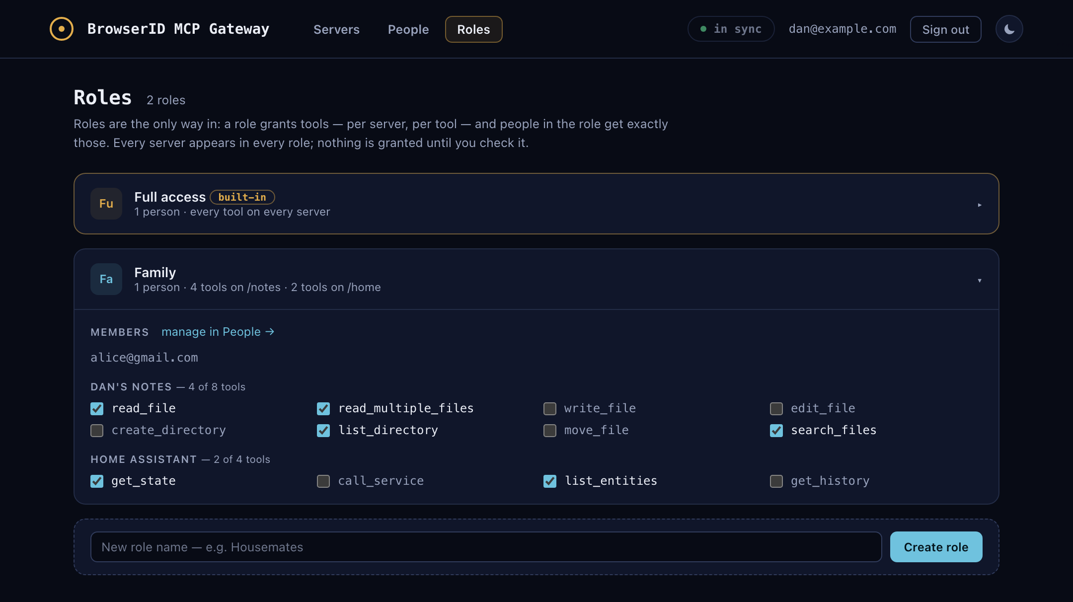 Role-based per-tool grants, dark theme