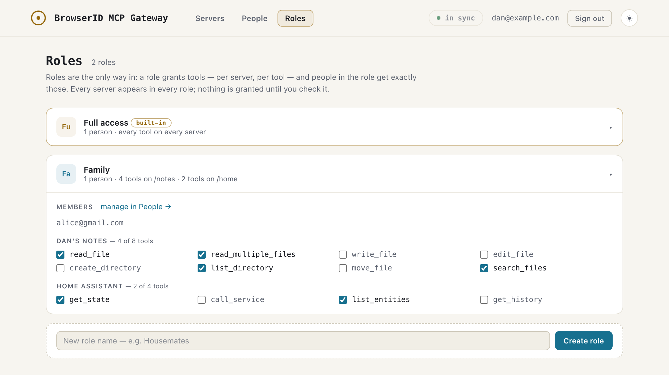 A role granting four of eight tools on one server and two of four on another, per person