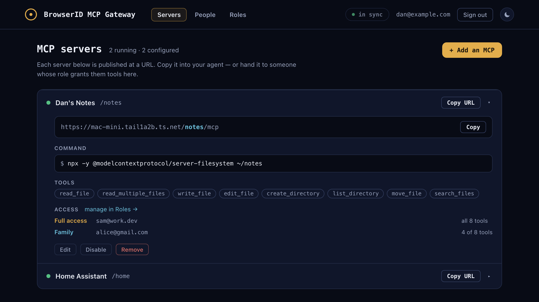 The gate admin console, dark theme