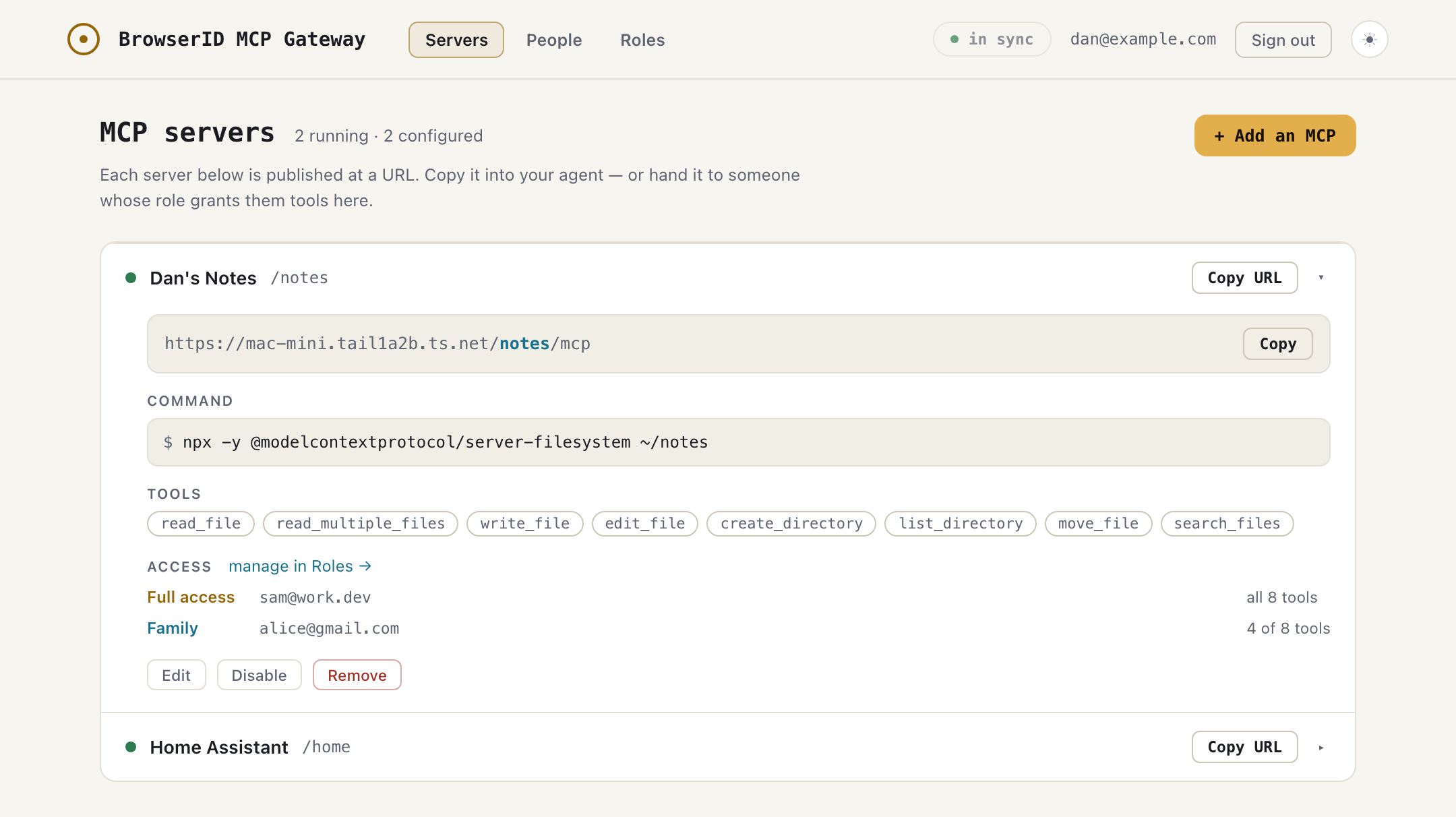 The gate admin console: a local MCP server published at a shareable URL, with per-person, per-tool access